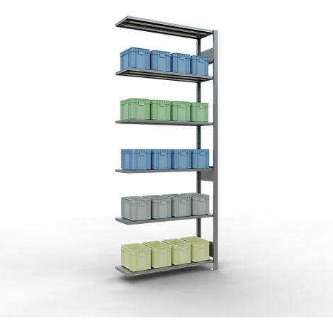 Sistema de estanterías gris con cajas de colores en los niveles.