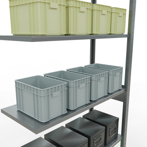 Estantería con cajas de varios tamaños y colores, incluyendo amarillo y gris.