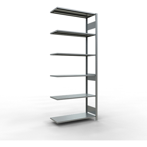 Estantería de pared gris con seis estantes sobre fondo blanco.