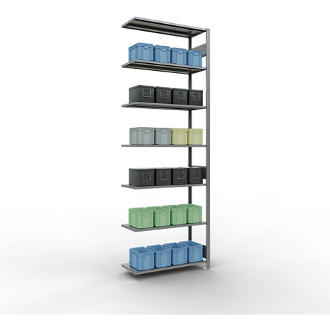 Estantería con cajas de diferentes colores, sobre un fondo blanco.