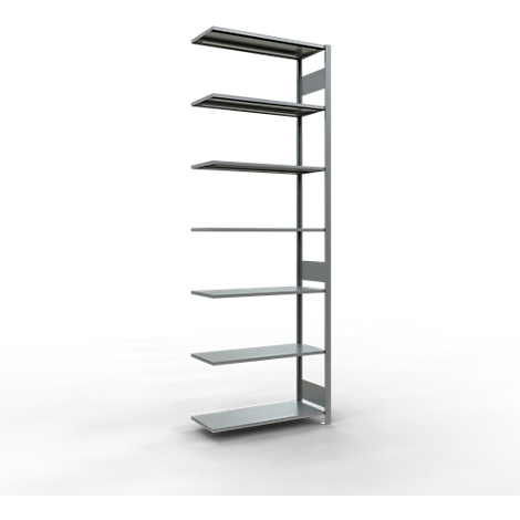 Estante de pared gris con múltiples niveles. El estante se representa sobre un fondo blanco.