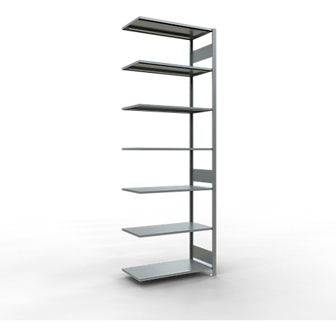 Una estantería de pared plateada con siete niveles, mostrada sobre un fondo blanco.