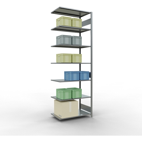 Sistema de estanterías gris con varios niveles. Hay cajas de varios colores en los estantes.