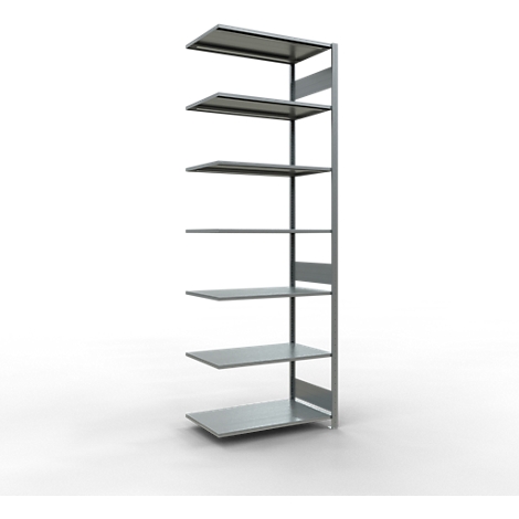 Estantería gris, independiente, con 7 niveles sobre fondo blanco.
