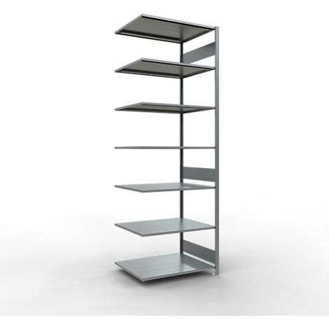 Estantería de metal gris con múltiples niveles, sobre un fondo blanco.