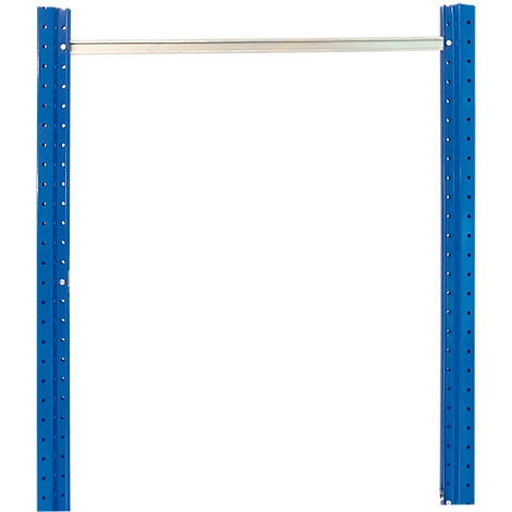 Blue metal shelf frame with horizontal bar.