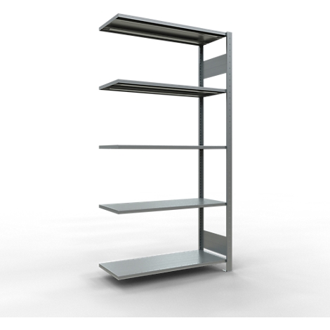 Grijs metalen rek met vijf planken tegen een witte achtergrond. De planken zijn in hoogte versprongen.