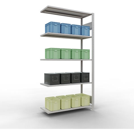 Stelling met dozen in blauw, groen, grijs en beige.