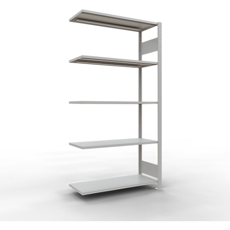Grijs, vrijstaand rek met vijf planken, tegen een witte achtergrond.