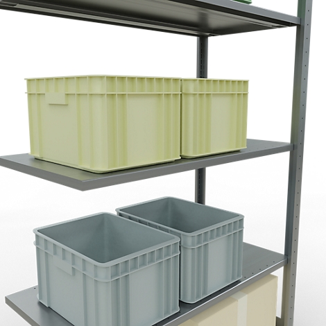 Rek met gele en grijze dozen.