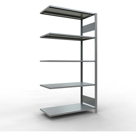 Metalen plank met 5 planken, tegen een witte achtergrond. Plankkleuren: grijs.