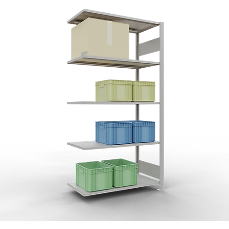 Een grijs opslagrek met dozen en kratten in verschillende kleuren.