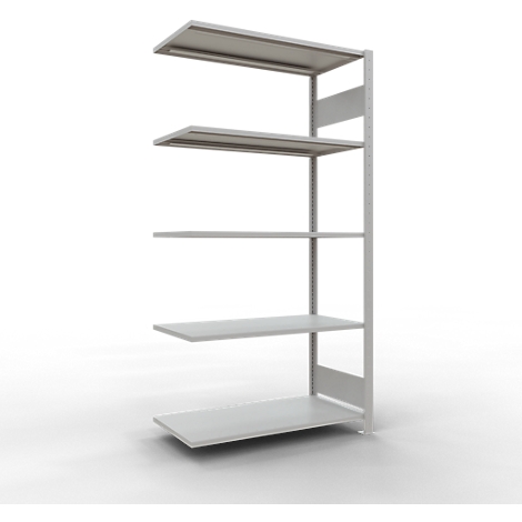 Vijflaags rek, grijs metaal, witte achtergrond.