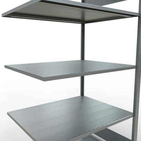 Grijs metalen stellingkast met meerdere planken, detailweergave. Vierkante plankniveaus, lichtgrijs tegen een witte achtergrond.
