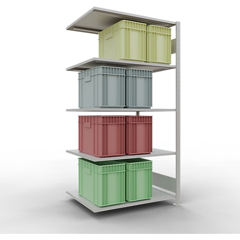 Rek met plastic dozen in verschillende kleuren. Er staan twee dozen op elke plank. Neutrale achtergrond.