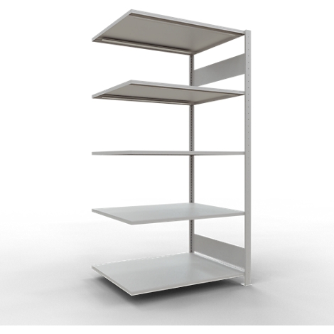 Lichtgrijs wandrek met vijf niveaus, tegen een witte achtergrond. Het rek heeft een hoekige vorm.