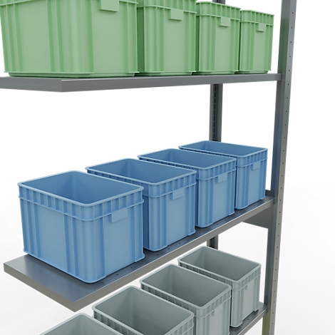 Opslagrek met blauwe en groene plastic dozen. De planken zijn leeg.