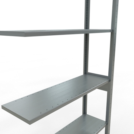 Grijs metalen rek, verdeeld in meerdere niveaus. De planken zijn gerangschikt tegen een lichtgrijze achtergrond.