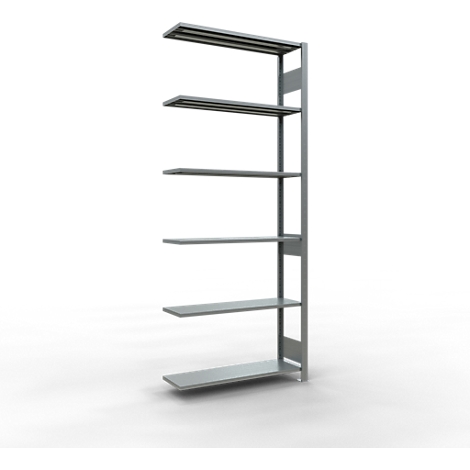 Grijze, vrijstaande plank met zes open planken.