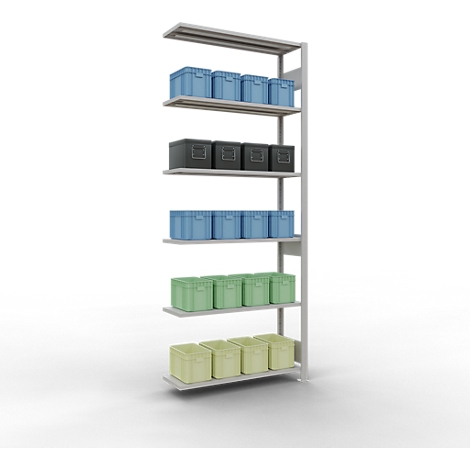 Metalen rek met diverse gekleurde dozen: blauw, zwart, groen en geel.