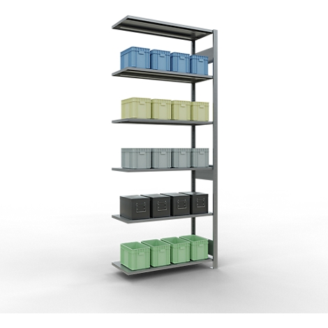 Grijs rekken met gekleurde dozen: blauw, geel, grijs, zwart en groen. Neutrale achtergrond.