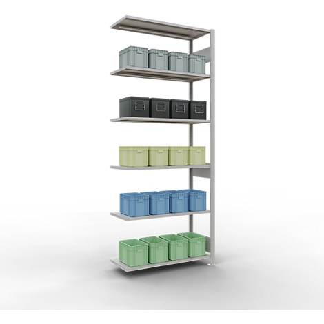 Een stellingkast met dozen in verschillende kleuren in grijstinten, geel, blauw en groen. Tegen een witte achtergrond.