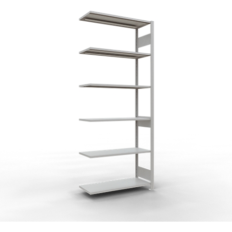 Een witte wandplank met zes horizontale planken. De bovenste en onderste planken zijn breder.