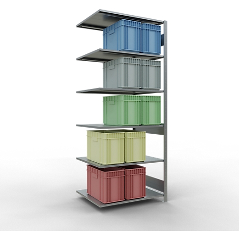 Een opslagrek met vijf niveaus, waarop dozen in verschillende kleuren zijn geplaatst. Dozen in blauw, grijs, groen, geel en rood.