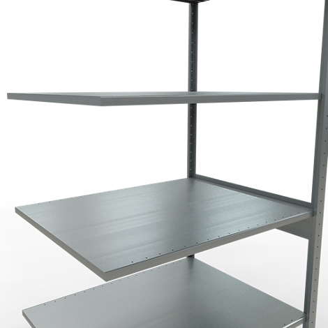 Een stalen rek met drie planken, grijs tegen een witte achtergrond.