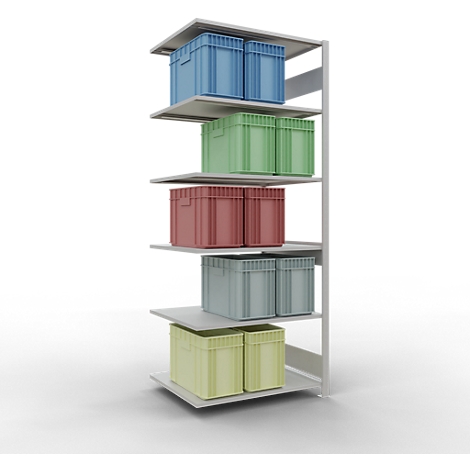 Rek met verschillend gekleurde plastic dozen op witte planken.