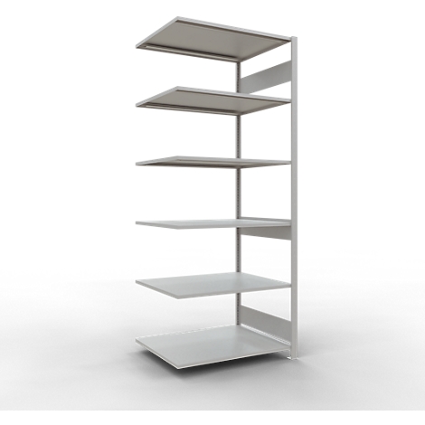 Een vrijstaande, lichtgrijze plank met zes horizontale planken, tegen een witte achtergrond.