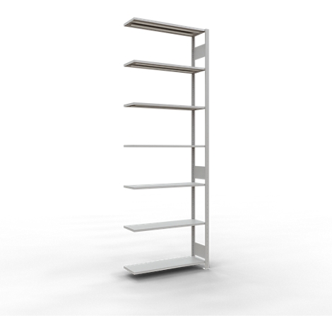 Smalle witte wandplank met zeven planken. De bovenste en onderste planken zijn breder.