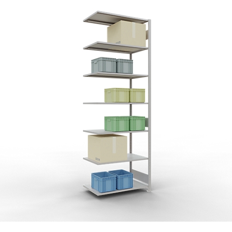 Een wit rek met zes planken met dozen en kartons in verschillende kleuren.