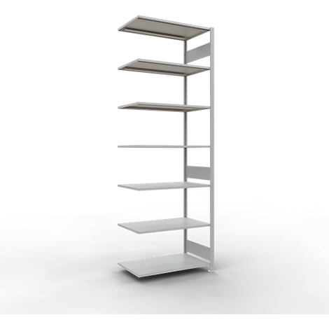 Een witte boekenkast met zes horizontale planken en een verticale steun, tegen een witte achtergrond.