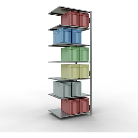 Metalen rek met gekleurde dozen. Rood, blauw, groen, geel, grijs en rood. Op een witte achtergrond.