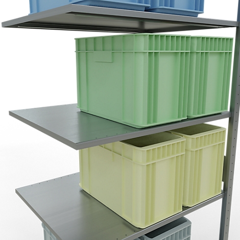 Metalen plank met stapelbare plastic dozen in groen, lichtgeel en blauw.