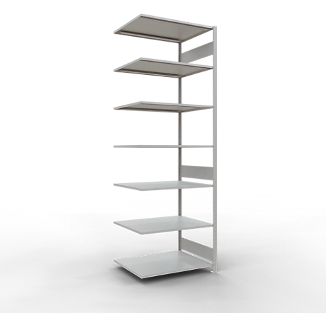 Grijs, vrijstaand wandrek met zeven open schappen.