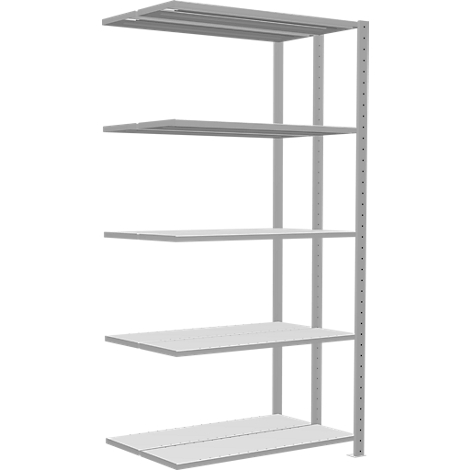 Grijs metalen rek met vijf planken. Ideaal voor opslag in kelder, garage of magazijn. Het rek is vrijstaand.