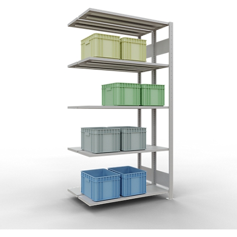 Metalen stelling met dozen in verschillende kleuren: geel, groen, grijs en blauw.