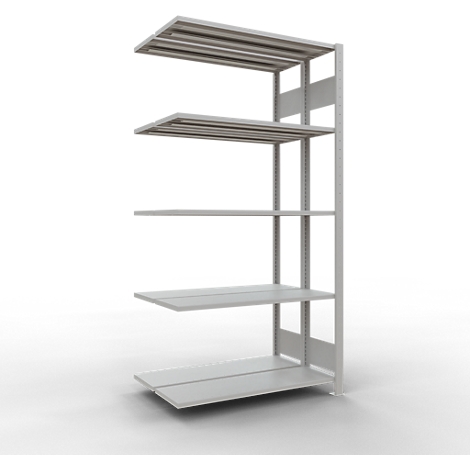Grijs, vrijstaand schap met vier niveaus. De bovenste verdieping heeft dwarsbalken. De schappen zijn rechthoekig en hebben een eenvoudige stijl.