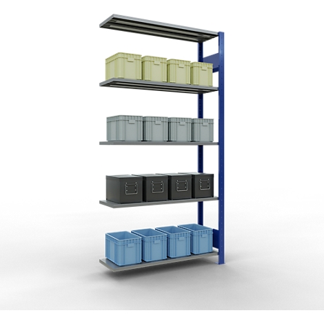 Een blauw-grijs rekken systeem met vijf grijze planken met plastic dozen in geel, grijs, zwart en blauw.