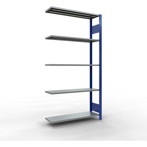 Grijze wandplank met vier planken en blauwe stutten. De bovenste plank is verstevigd met dwarsbalken. Op een lichte achtergrond.