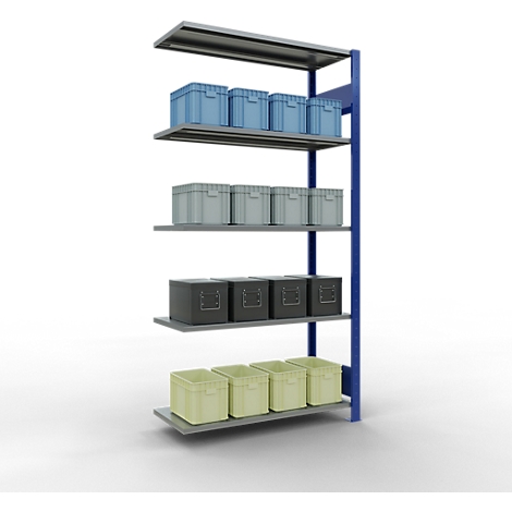 Rek met blauwe, grijze en groene dozen. Het staat tegen een witte achtergrond.