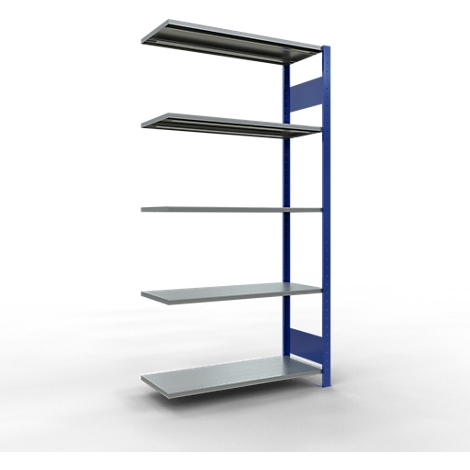 Een metalen plank met vier planken, blauw frame, grijze plank, witte achtergrond.