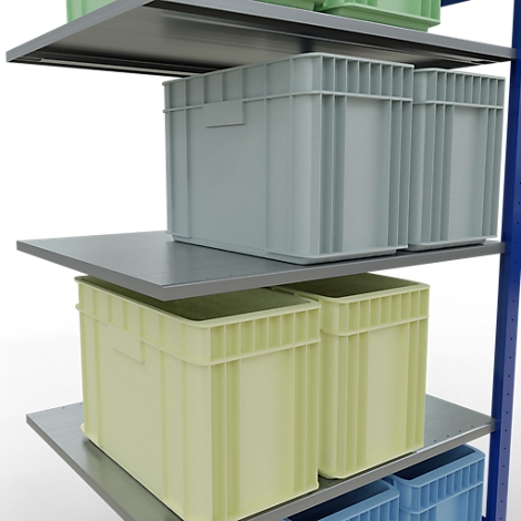 Verschillende opslagboxen in grijs, groen en blauw op een metalen plank.