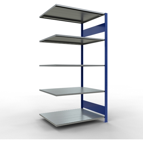 Metalen plank met vijf grijze planken, gemonteerd op blauwe kolommen. Vrijstaand tegen een lichte achtergrond.