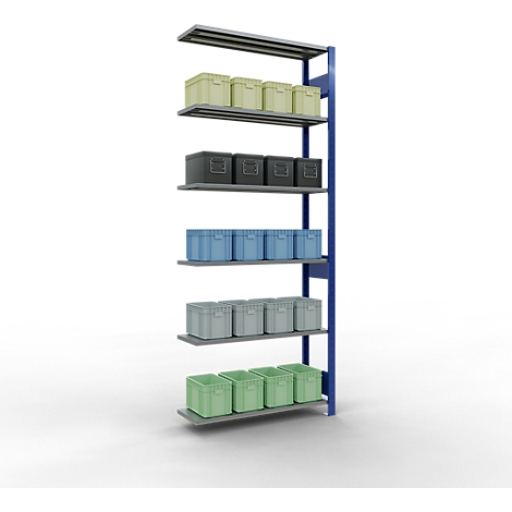 Re rek met meerdere niveaus, gevuld met dozen in verschillende kleuren. Blauwe, groene, grijze en gele dozen.