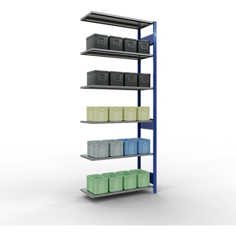 Een blauw rekken systeem met grijze planken en gekleurde dozen. Zwarte dozen bovenaan, dan gele, grijze en groene dozen.