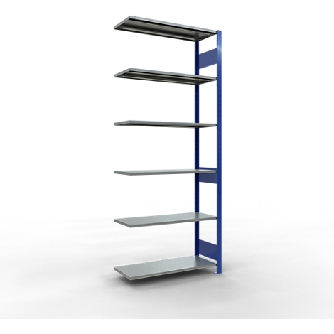 Een blauw en grijs wandrek met zes planken, tegen een witte achtergrond.