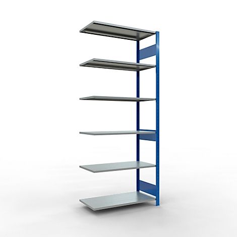 Een blauw metalen rek met vijf grijze planken tegen een witte achtergrond.